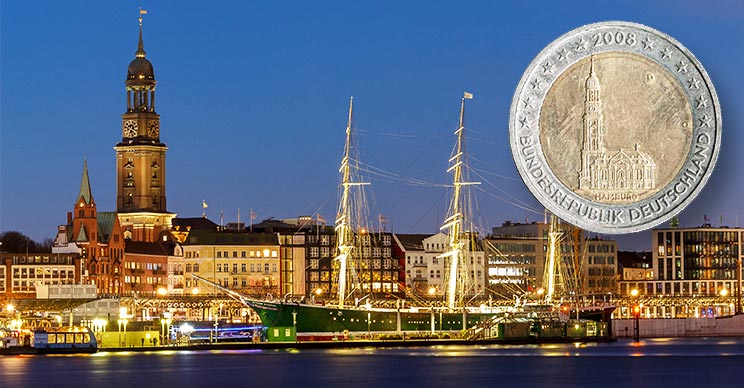 Hamburger Hafen-Silhouette mit Michaeliskirche und 2 Euro Münze