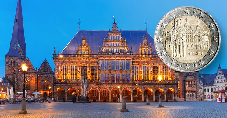 Bremen mit Rathaus, Roland und 2 Euro Münze