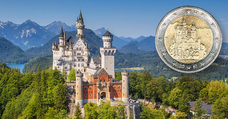 Schloss Neuschwanstein mit 2 Euro Münze