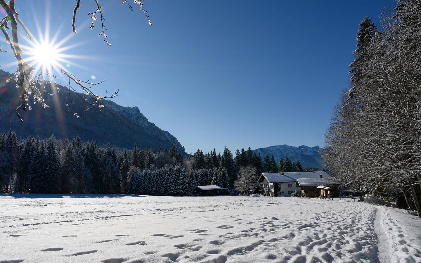 Traumhafter Sonnenschein im verschneiten Winter in den Chiemgauer Alpen