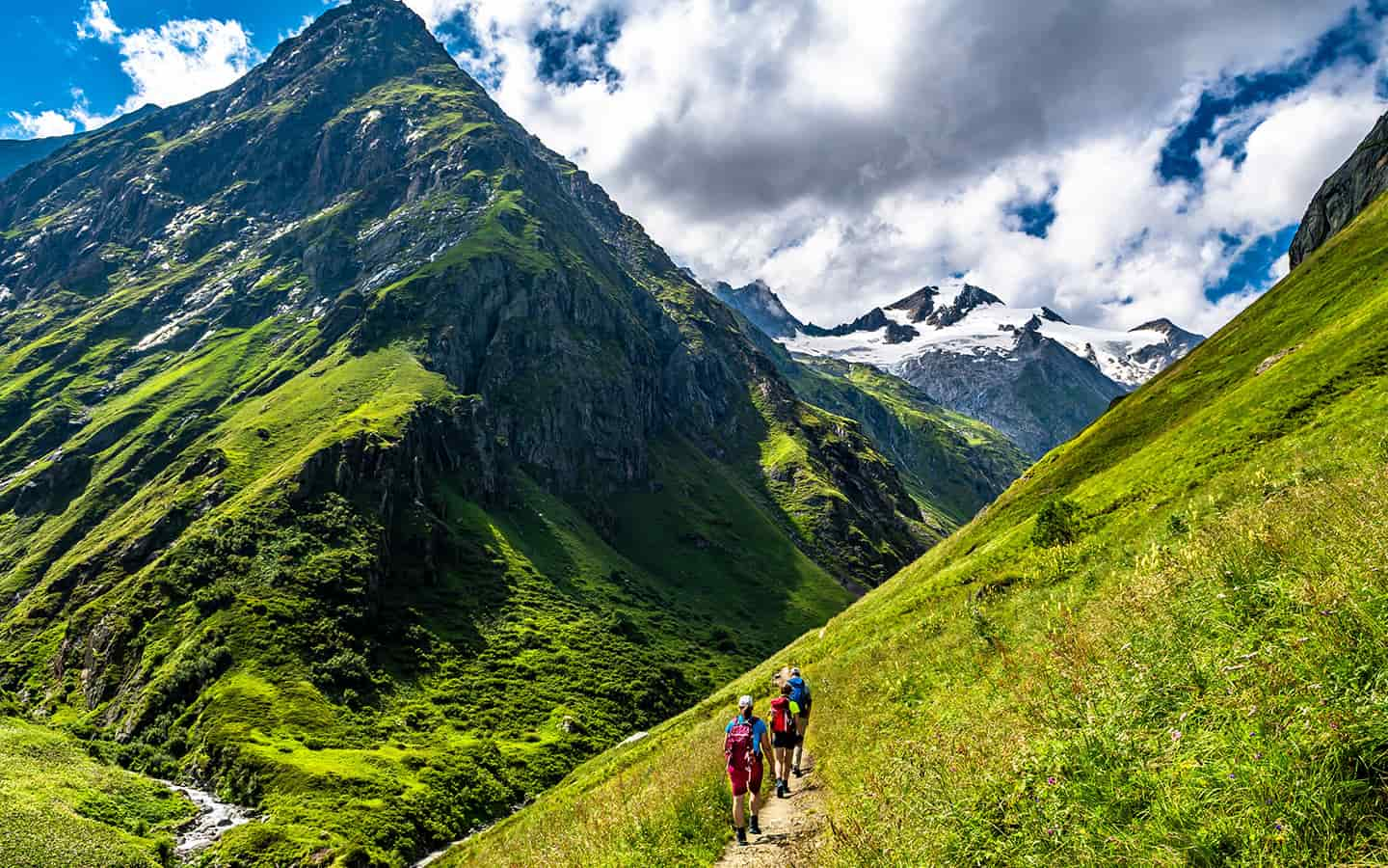 Wandergruppe im Tal der Umbalfaelle auf Grossvenediger mit Blick auf die Roetspitze im Nationalpark Hohe Tauern in Tirol in Österreich