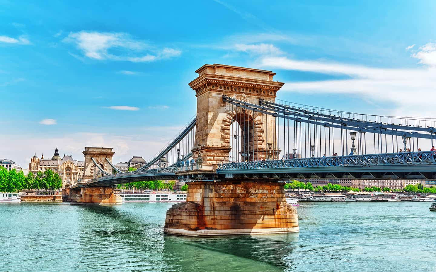 Szechenyi Kettenbrücke Blick von der Donauseite, Budapest, Ungarn